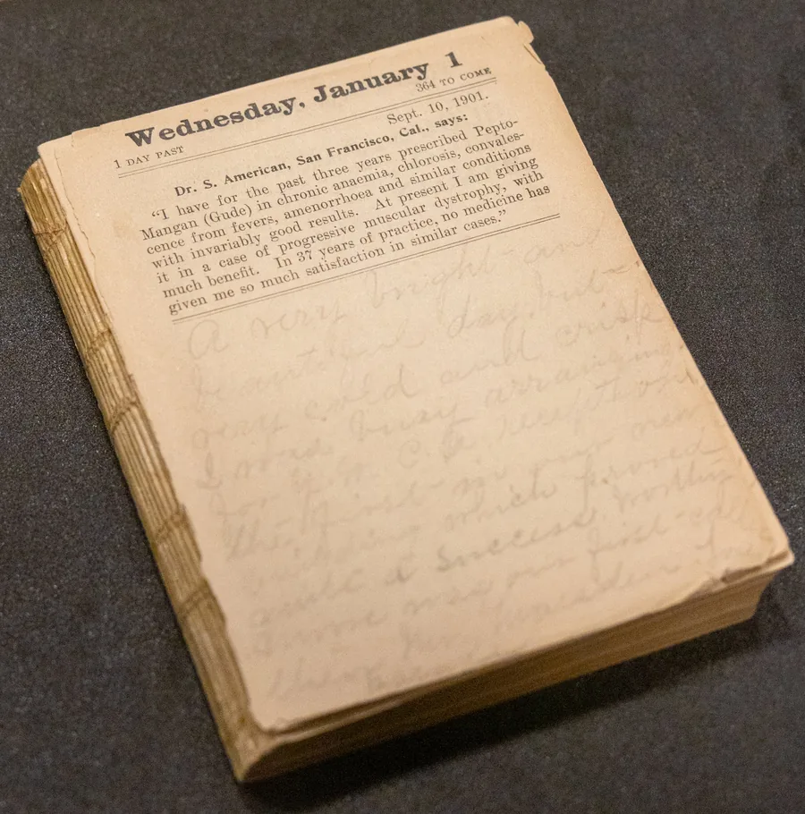 Florence Barber’s diary open to Wednesday, January 1, with a printed testimonial above her pencil entry