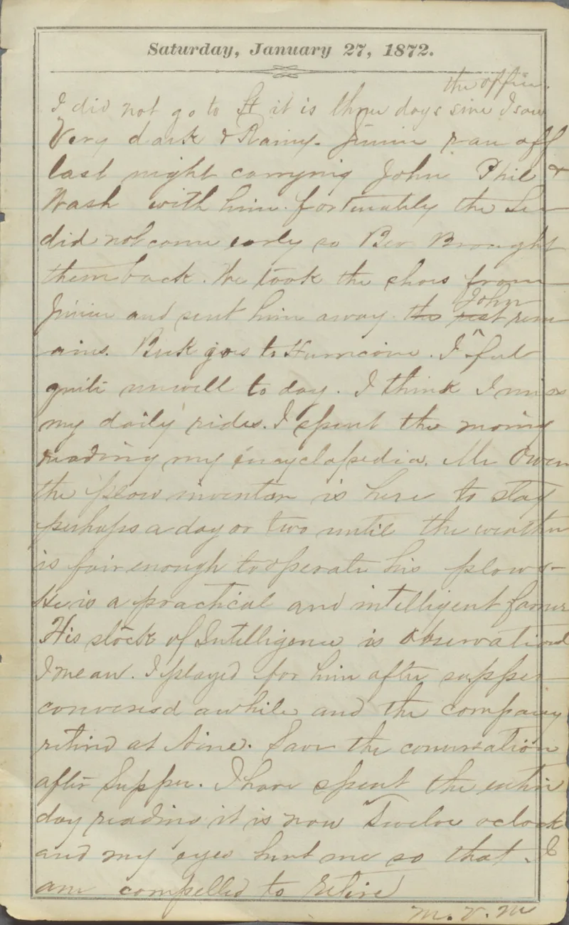 Handwritten diary page dated Saturday, January 27, 1872