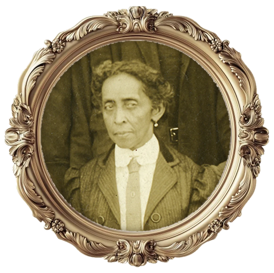 Sepia photograph of Florence Stanton Barber in an ornate round gold frame