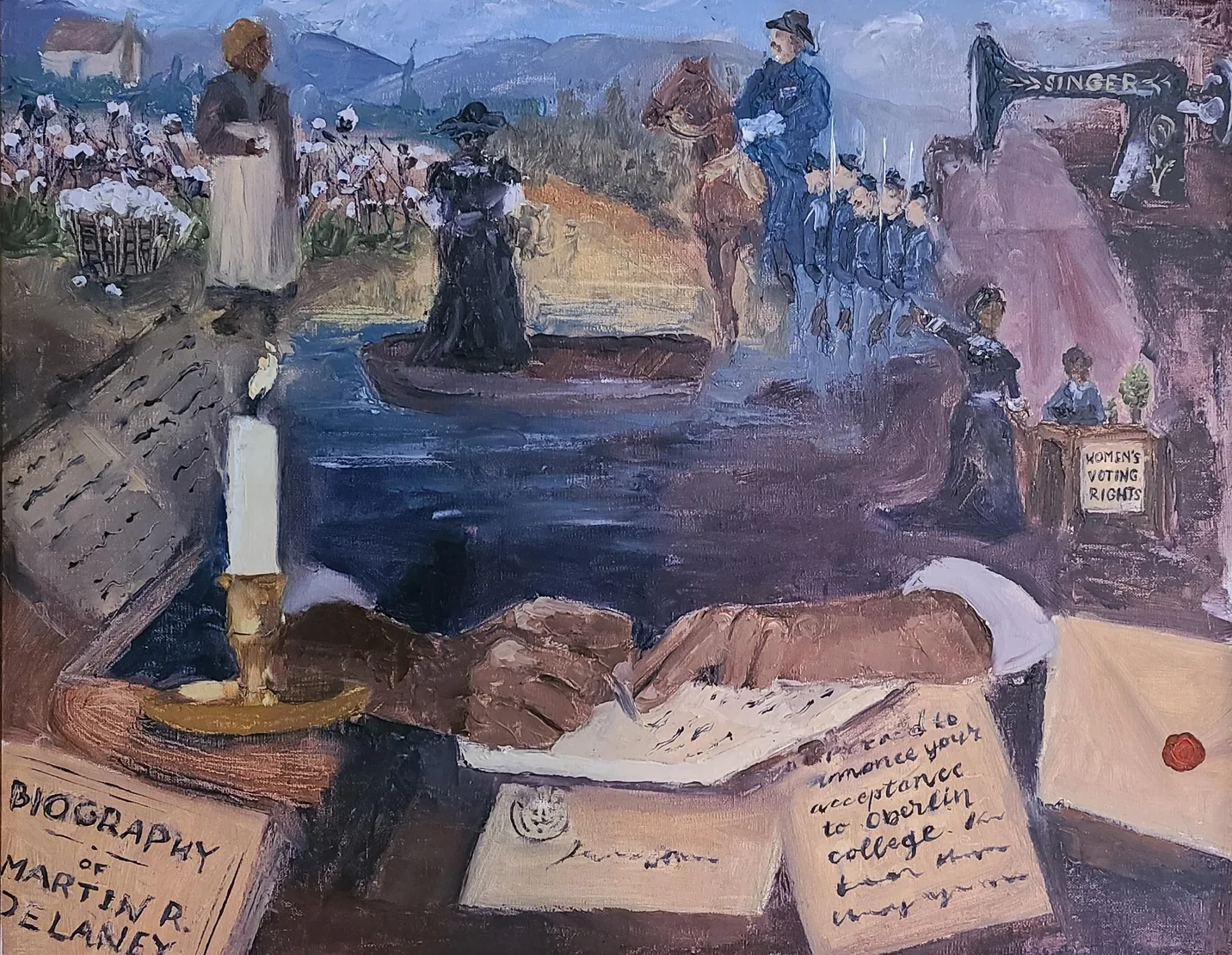 Painting of a Black woman writing by candlelight, surrounded by letters, a biography of Martin R. Delaney and scenes of nineteenth-century Black life
